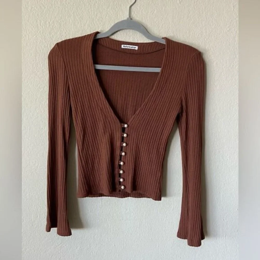 Reformation Gellar Knit Brown Crop Top Button Down Cardigan Size Xs